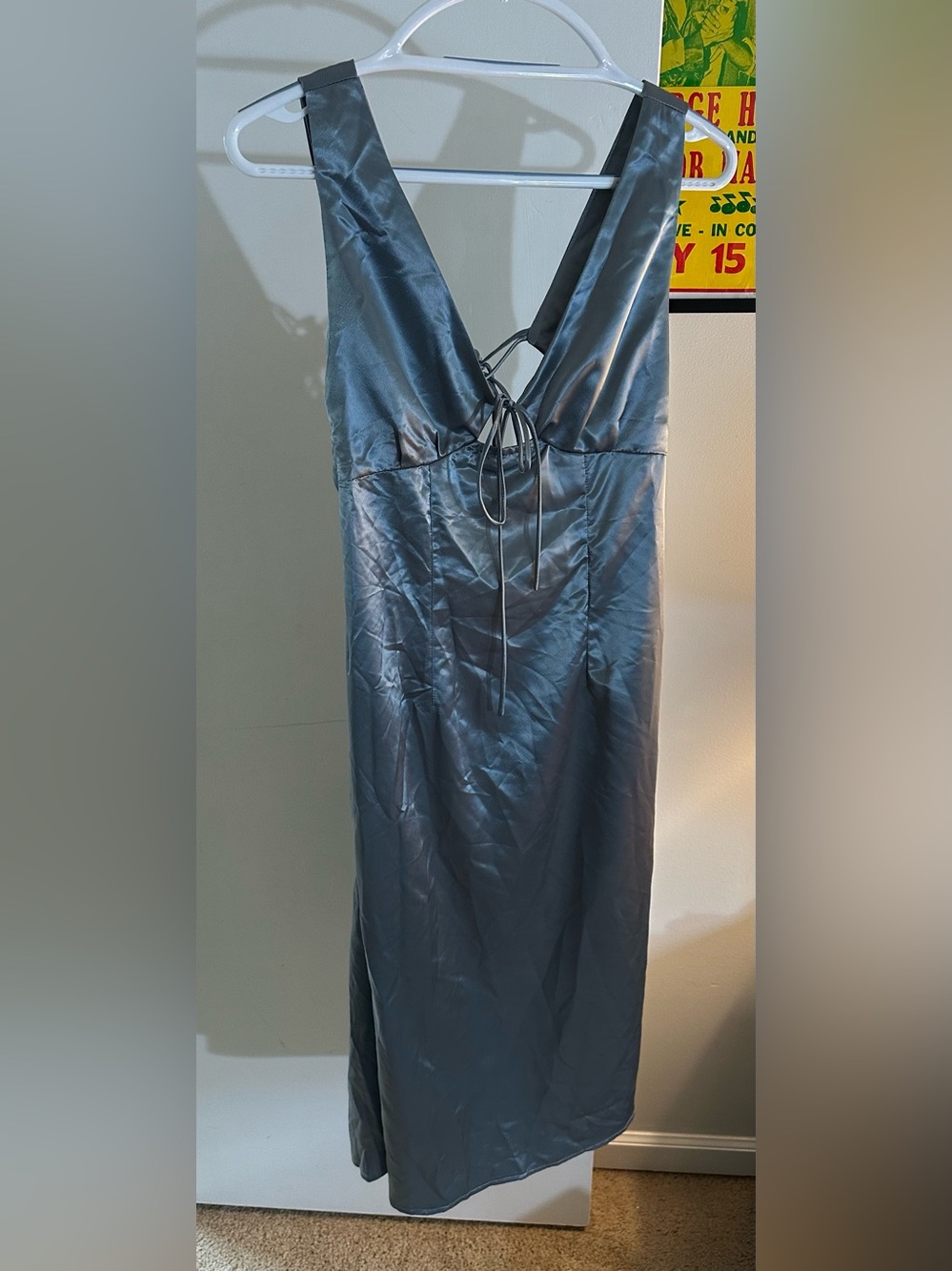 Cider Satin Deep V Slip Dress - Steel Gray
